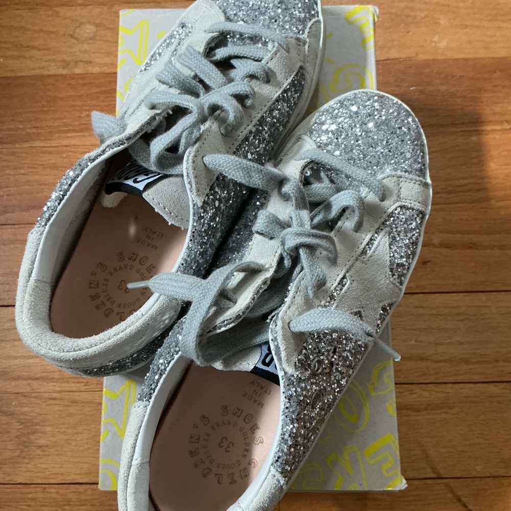 Golden Goose Silver Glitter Sneakers Fashionable Comfort Silver Star
